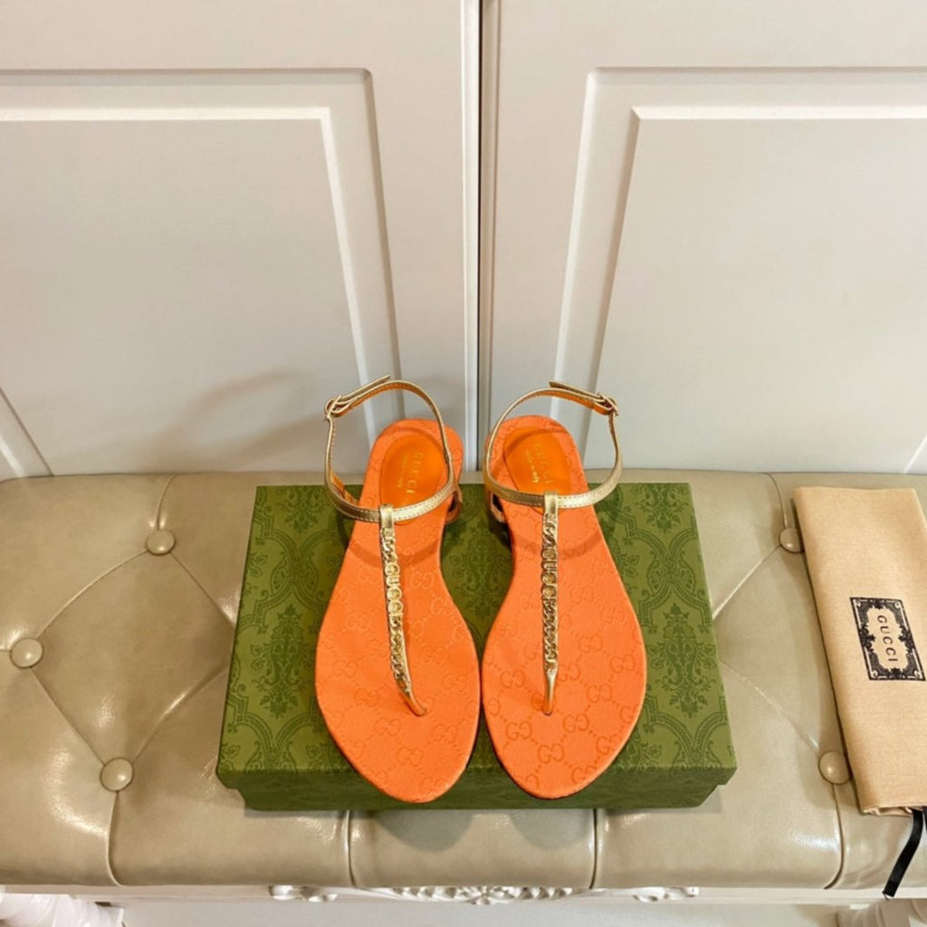 GUCCI SIGNORINA THONG SANDALS IN GOLD MIX ORANGE SHEEPSKIN
