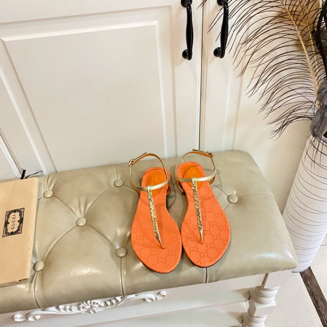 GUCCI SIGNORINA THONG SANDALS IN GOLD MIX ORANGE SHEEPSKIN