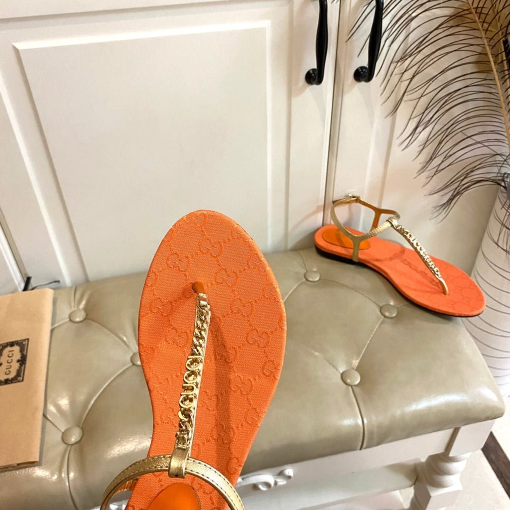 GUCCI SIGNORINA THONG SANDALS IN GOLD MIX ORANGE SHEEPSKIN