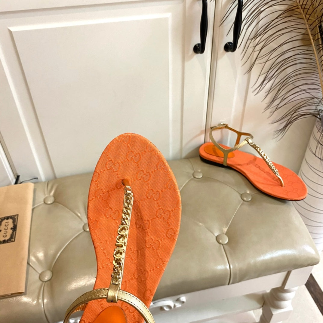 GUCCI SIGNORINA THONG SANDALS IN GOLD MIX ORANGE SHEEPSKIN