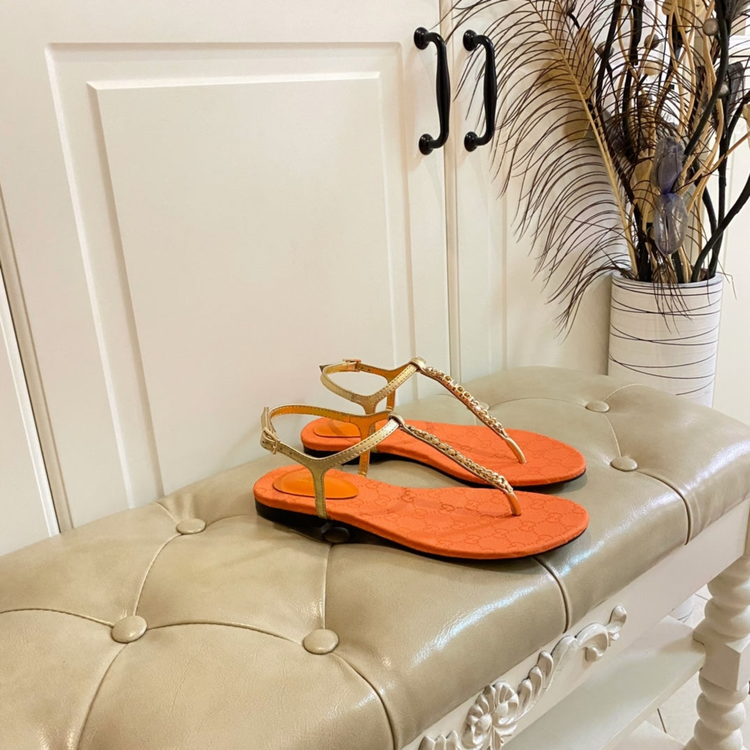GUCCI SIGNORINA THONG SANDALS IN GOLD MIX ORANGE SHEEPSKIN
