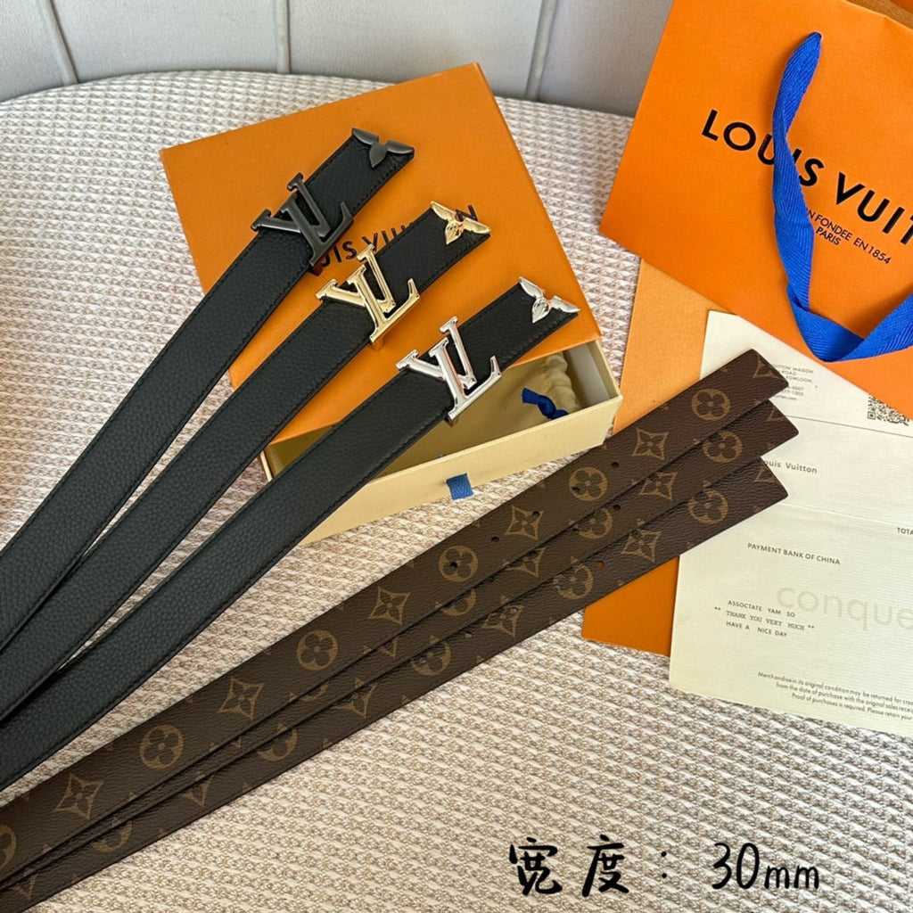 LOUIS VUITTON PRETTY LV 30MM REVERSIBLE BELT IN BLACK CALFSKIN BLACK HARDWARE