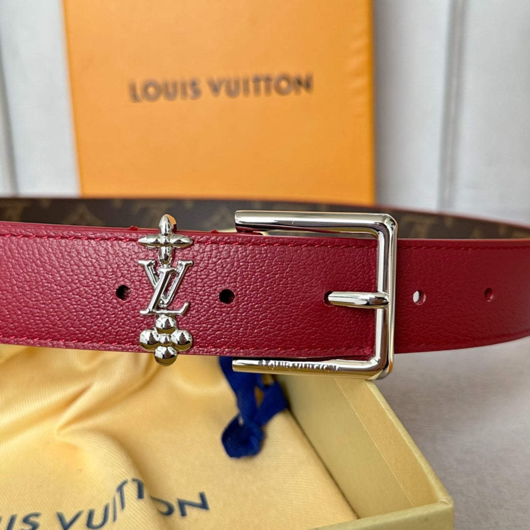LOUIS VUITTON LV BLOOM 30MM BELT IN CHERRY RED CALFSKIN SILVER HARDWARE
