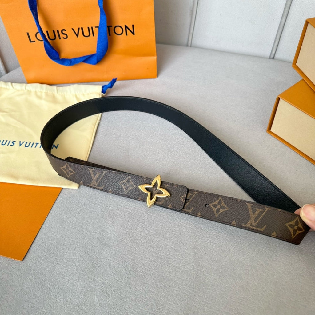 LOUIS VUITTON LV  MINI FLOWERGRAM 30MM REVERSIBLE BELT IN BLACK CALFSKIN GOLD HARDWARE