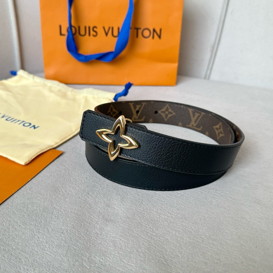 LOUIS VUITTON LV  MINI FLOWERGRAM 30MM REVERSIBLE BELT IN BLACK CALFSKIN GOLD HARDWARE