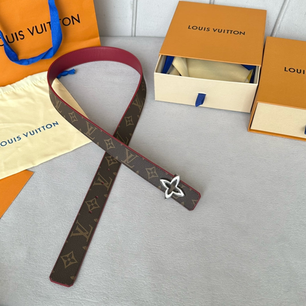 LOUIS VUITTON LV  MINI FLOWERGRAM 30MM REVERSIBLE BELT IN BLOOD RED CALFSKIN SILVER HARDWARE