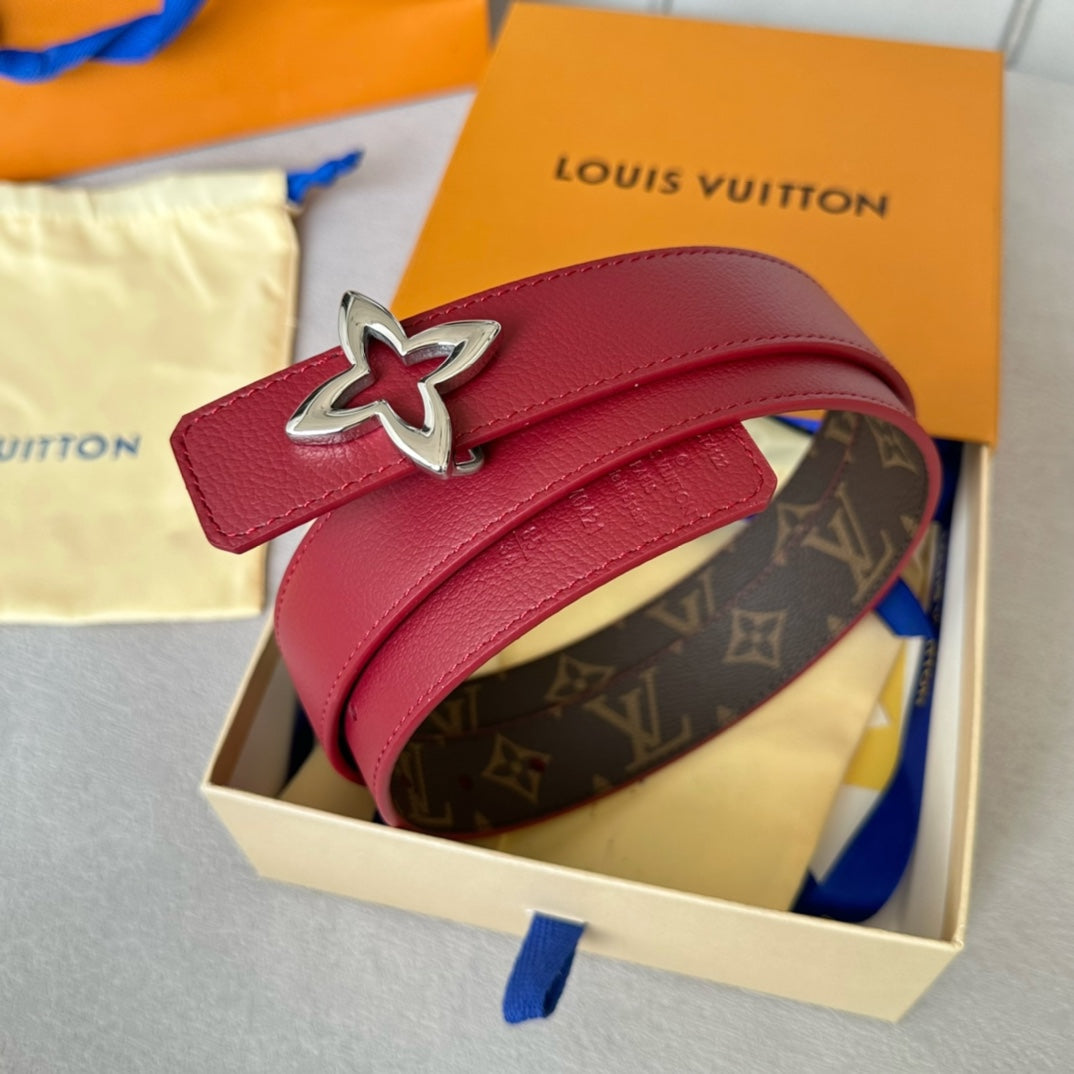 LOUIS VUITTON LV Flowergram 30mm Reversible Belt Silver Buckle Burgundy Brown Leather