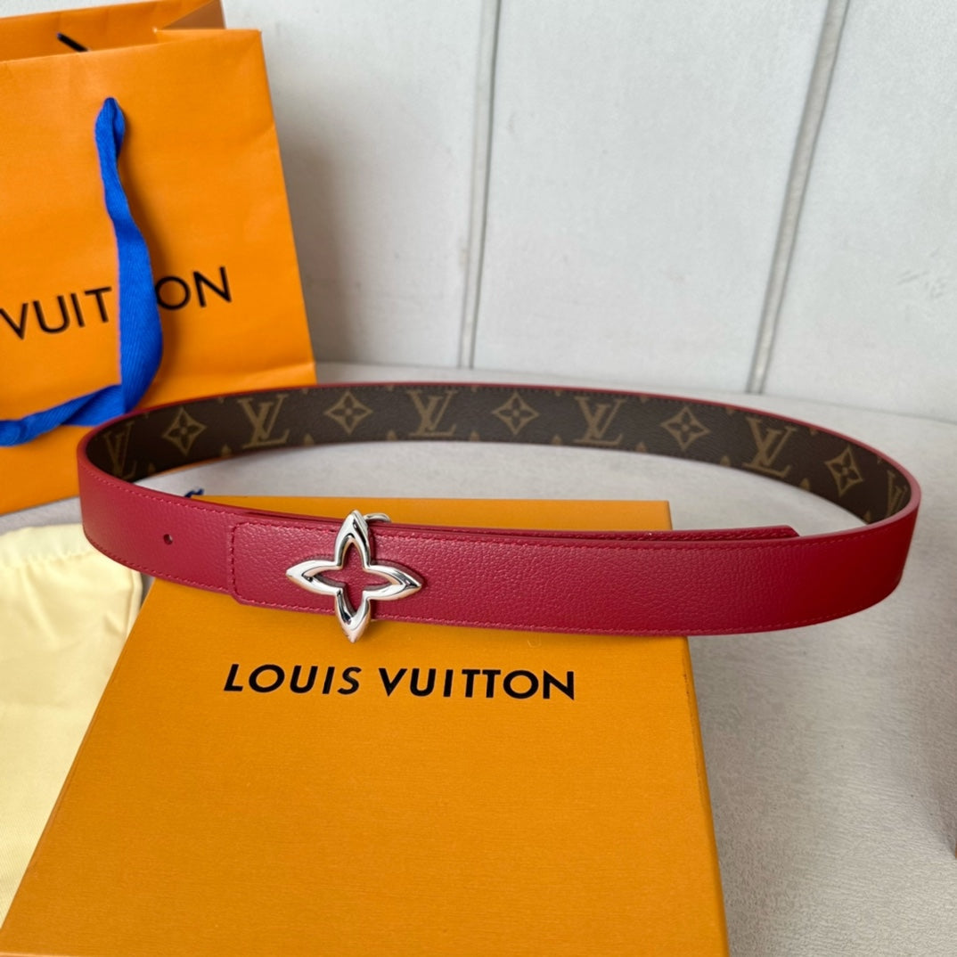 LOUIS VUITTON LV Flowergram 30mm Reversible Belt Silver Buckle Burgundy Brown Leather