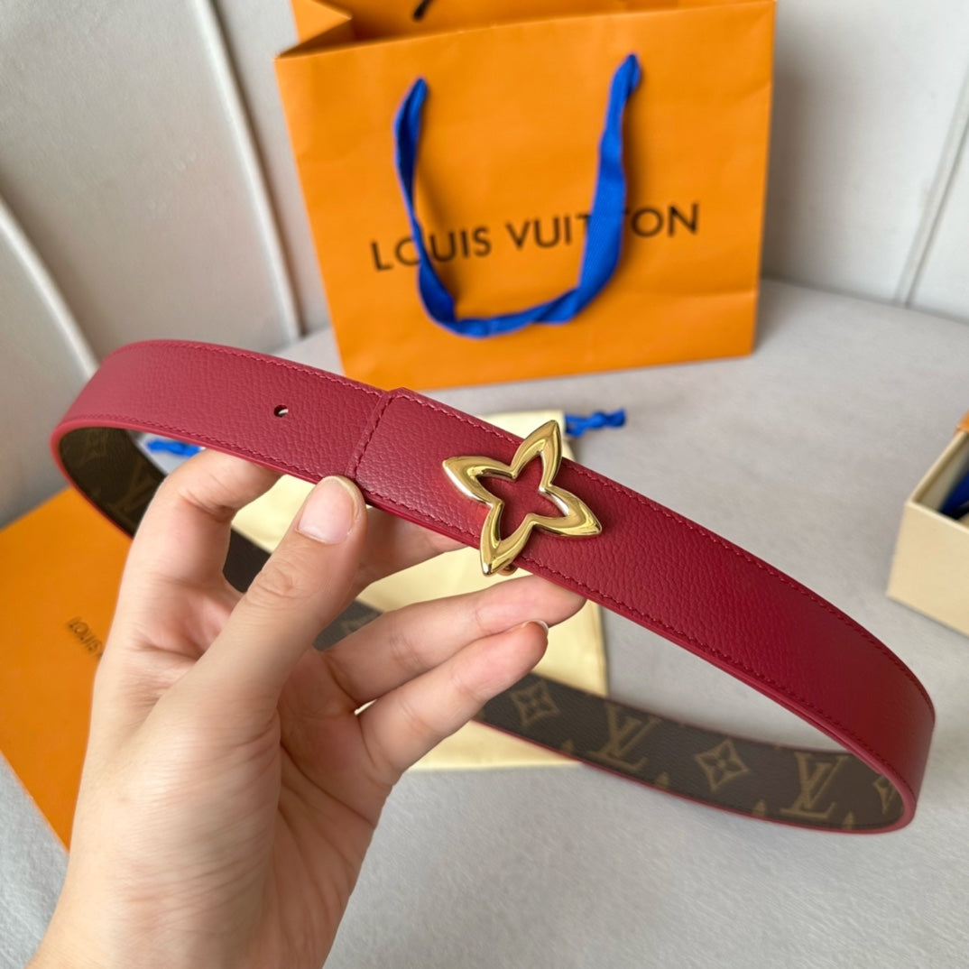 LOUIS VUITTON LV  MINI FLOWERGRAM 30MM REVERSIBLE BELT IN BLOOD RED CALFSKIN GOLD HARDWARE
