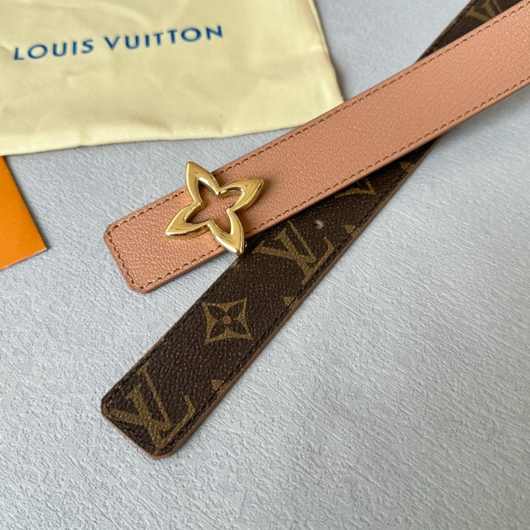 LOUIS VUITTON LV  MINI FLOWERGRAM 30MM REVERSIBLE BELT IN BUFF BROWN CALFSKIN GOLD HARDWARE