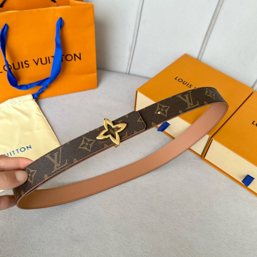 LOUIS VUITTON LV  MINI FLOWERGRAM 30MM REVERSIBLE BELT IN BUFF BROWN CALFSKIN GOLD HARDWARE
