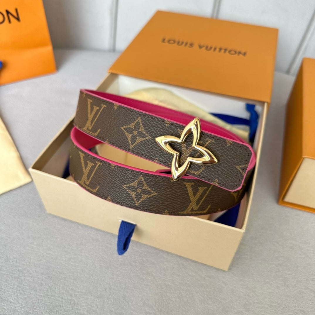 LOUIS VUITTON LV  MINI FLOWERGRAM 30MM REVERSIBLE BELT IN BRIGHT PINK CALFSKIN GOLD HARDWARE