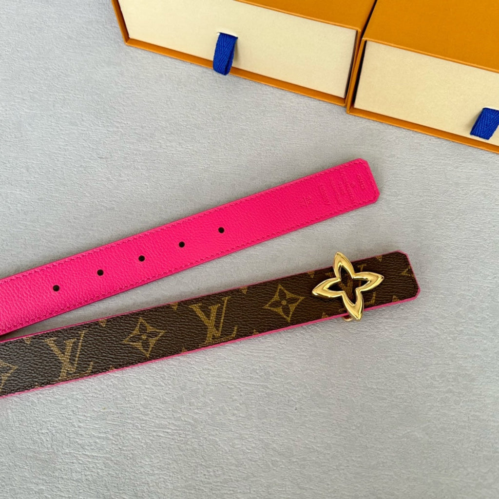 LOUIS VUITTON LV  MINI FLOWERGRAM 30MM REVERSIBLE BELT IN BRIGHT PINK CALFSKIN GOLD HARDWARE