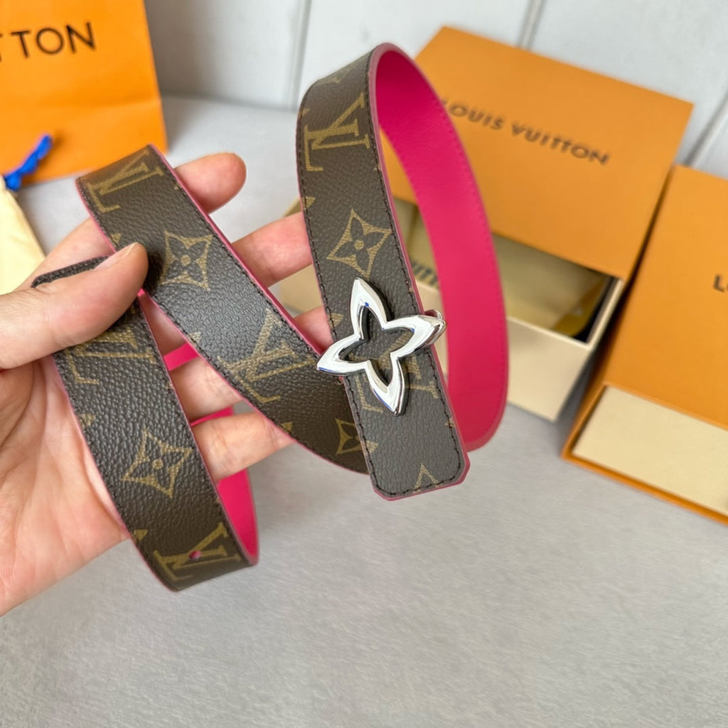 LOUIS VUITTON LV  MINI FLOWERGRAM 30MM REVERSIBLE BELT IN BRIGHT PINK CALFSKIN SILVER HARDWARE