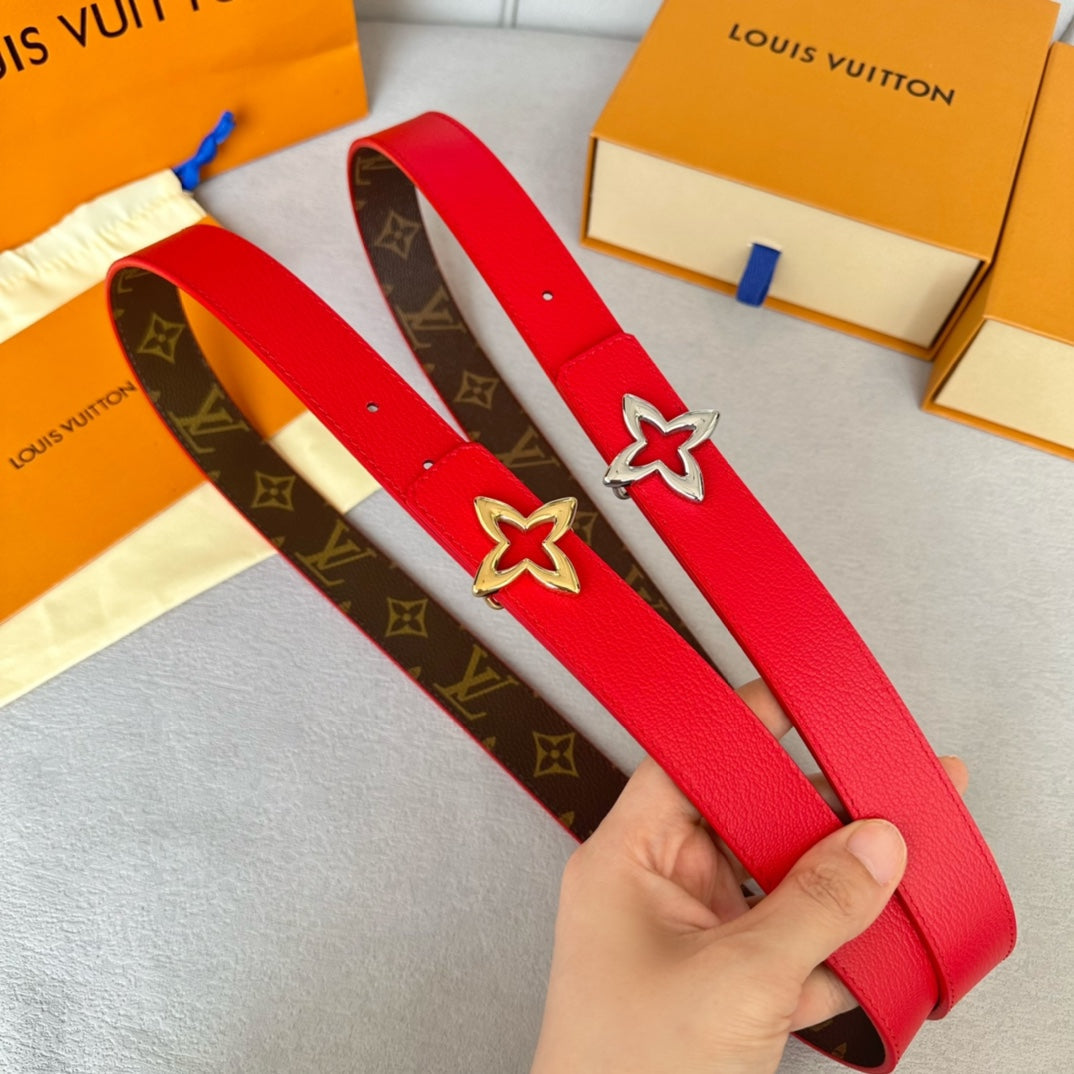 LOUIS VUITTON LV  MINI FLOWERGRAM 30MM REVERSIBLE BELT IN CHERRY RED CALFSKIN GOLD HARDWARE