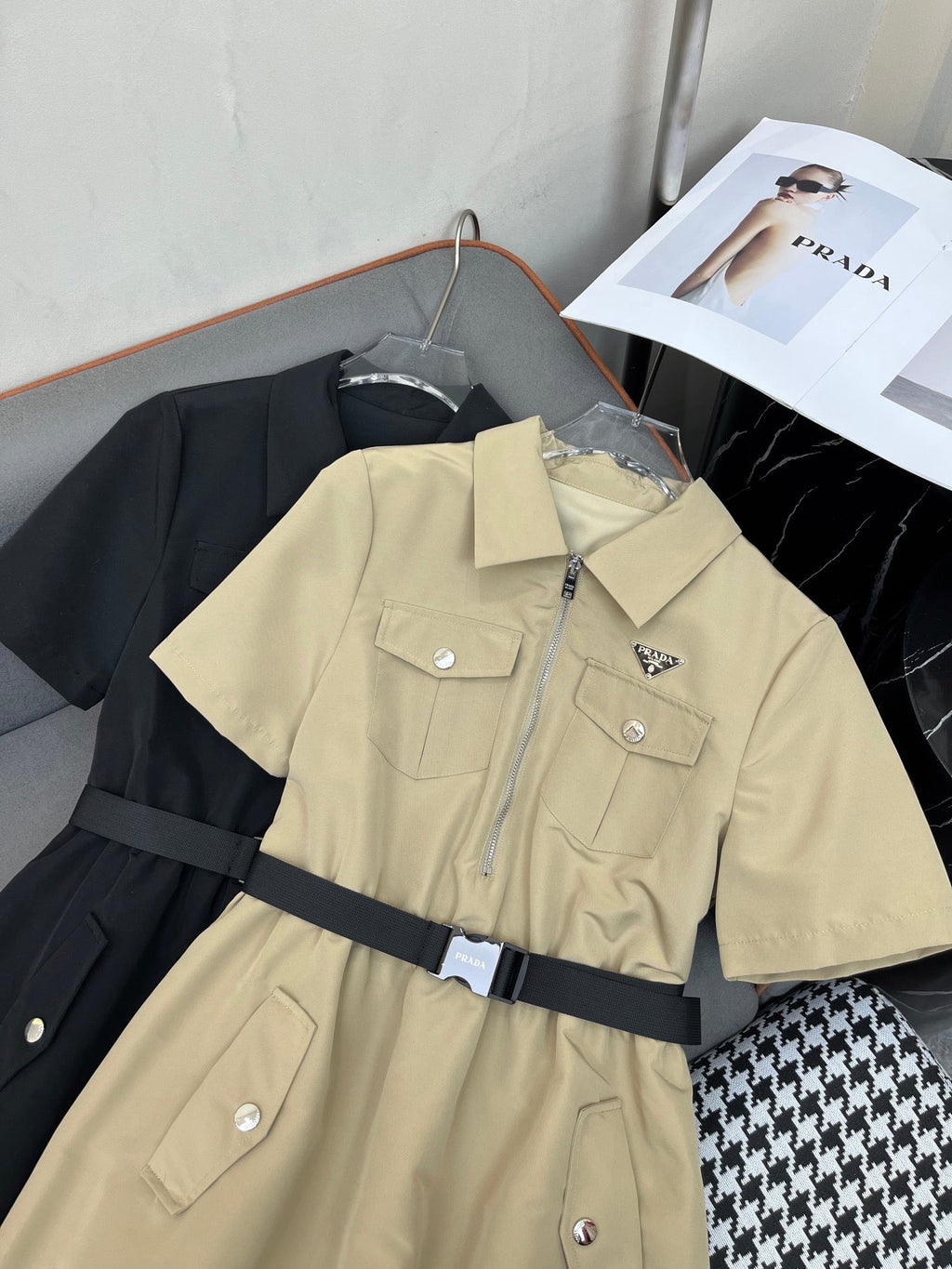 PRADA SHIRT DRESS WITH ZIP-UP COLLAR AND BELT