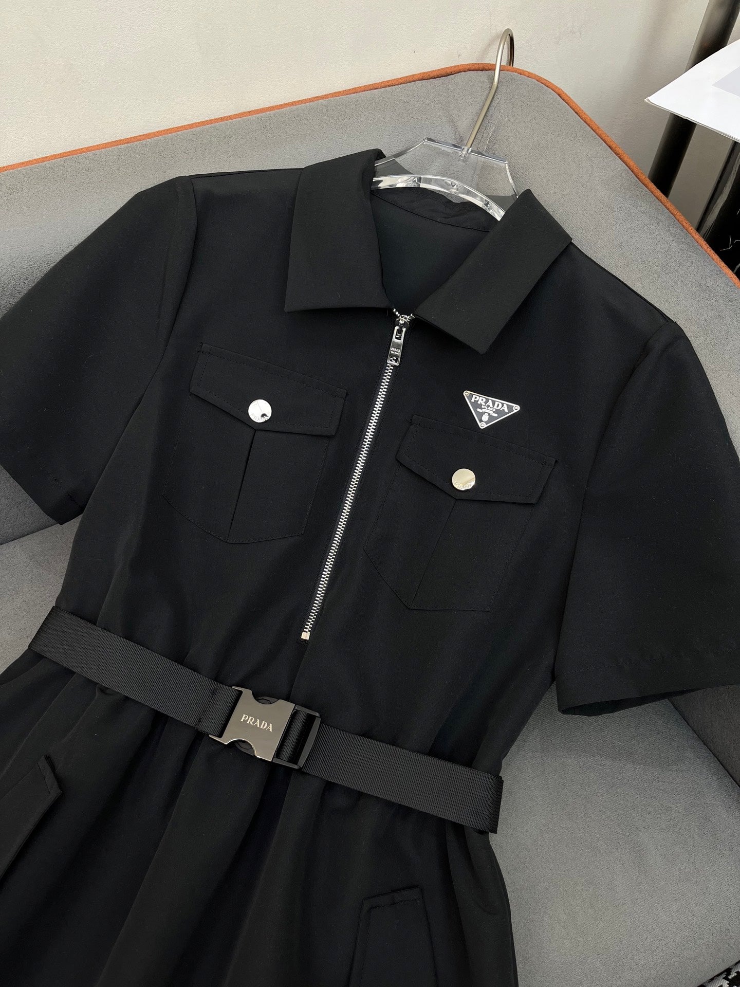 PRADA SHIRT DRESS WITH ZIP-UP COLLAR AND BELT