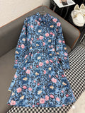 LOUIS VUITTON LV LONG-SLEEVE FLORAL PRINT SHIRT DRESS IN BLUE