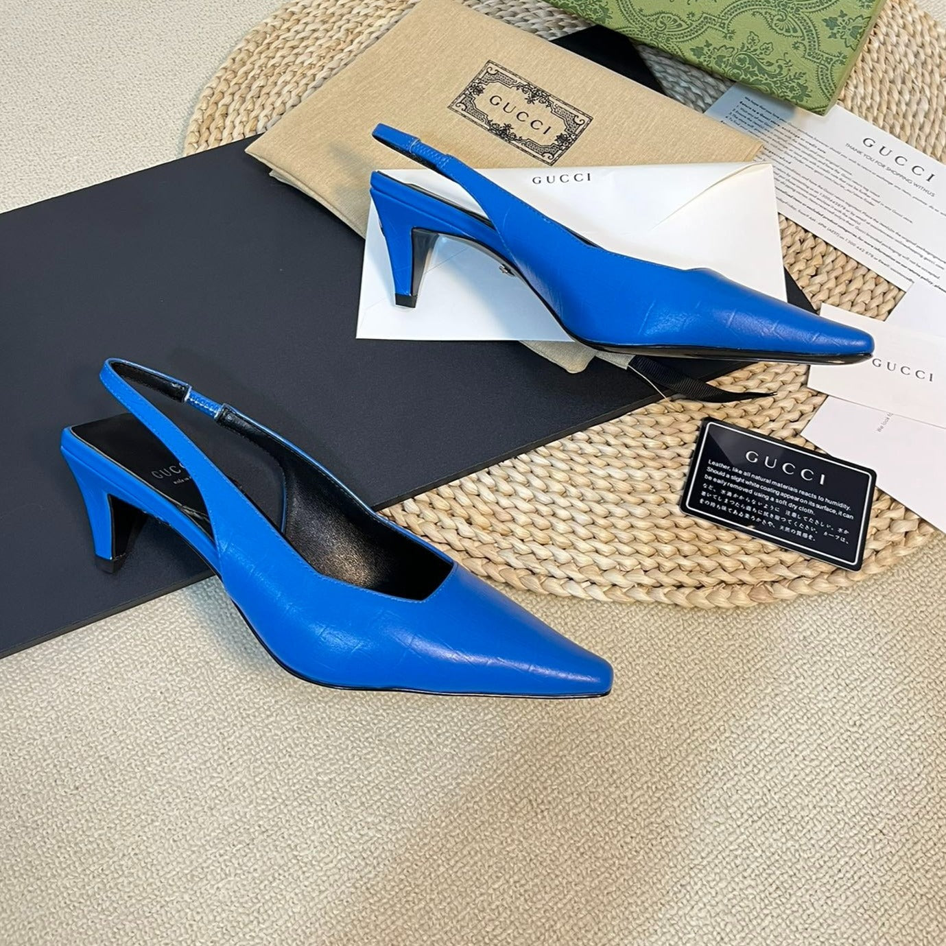 GUCCI Women's G pointed silver-letter Logo slingbacks Azure Blue