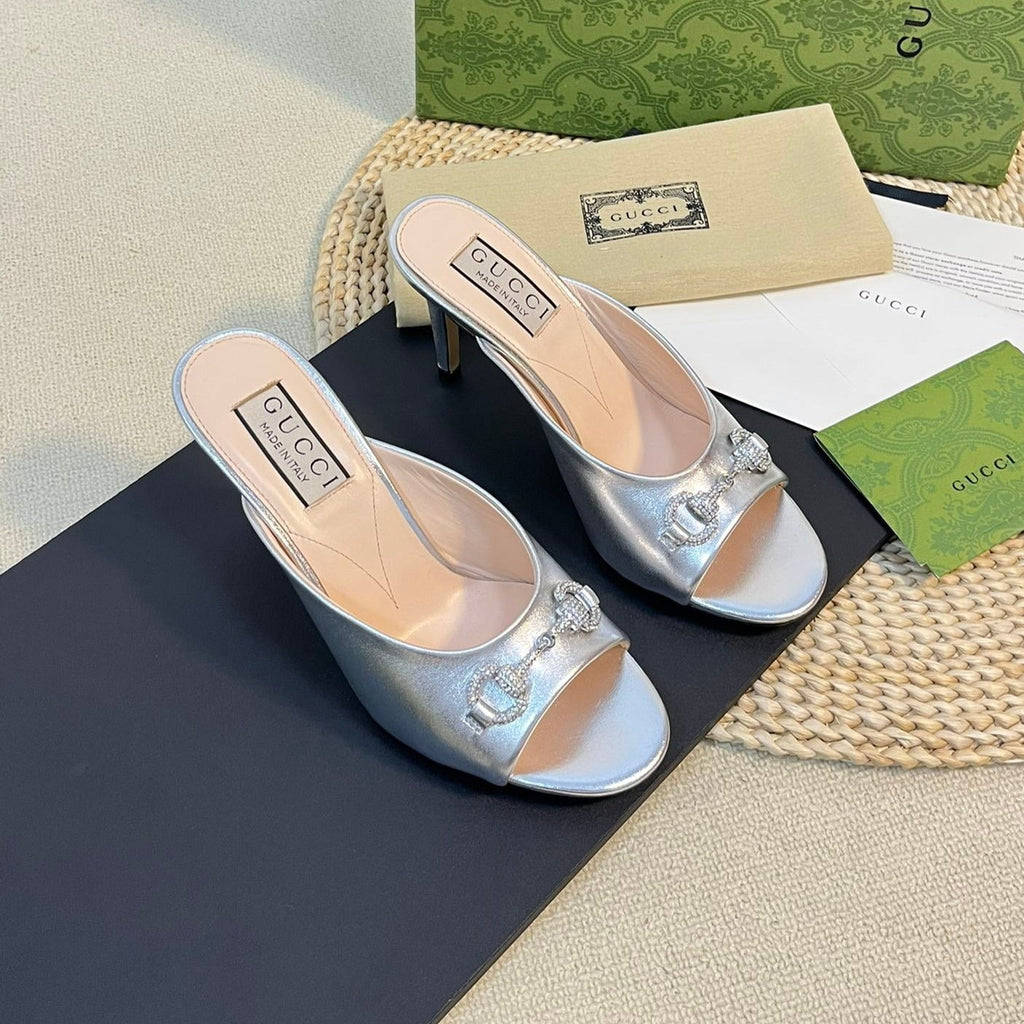 GUCCI Women's Horsebit mid-heel slide sandal in Silver