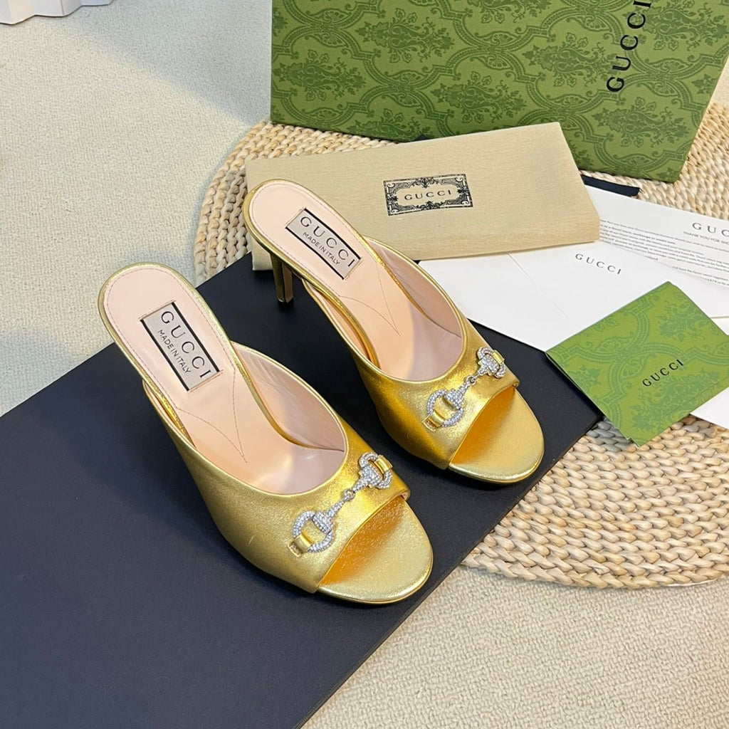 GUCCI Women's Horsebit mid-heel slide sandal in Gold