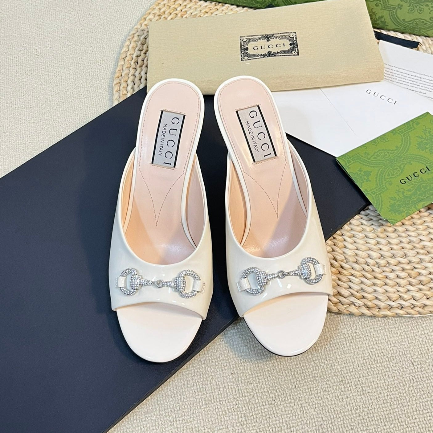 GUCCI Women's Horsebit mid-heel slide sandal in glossy White leather