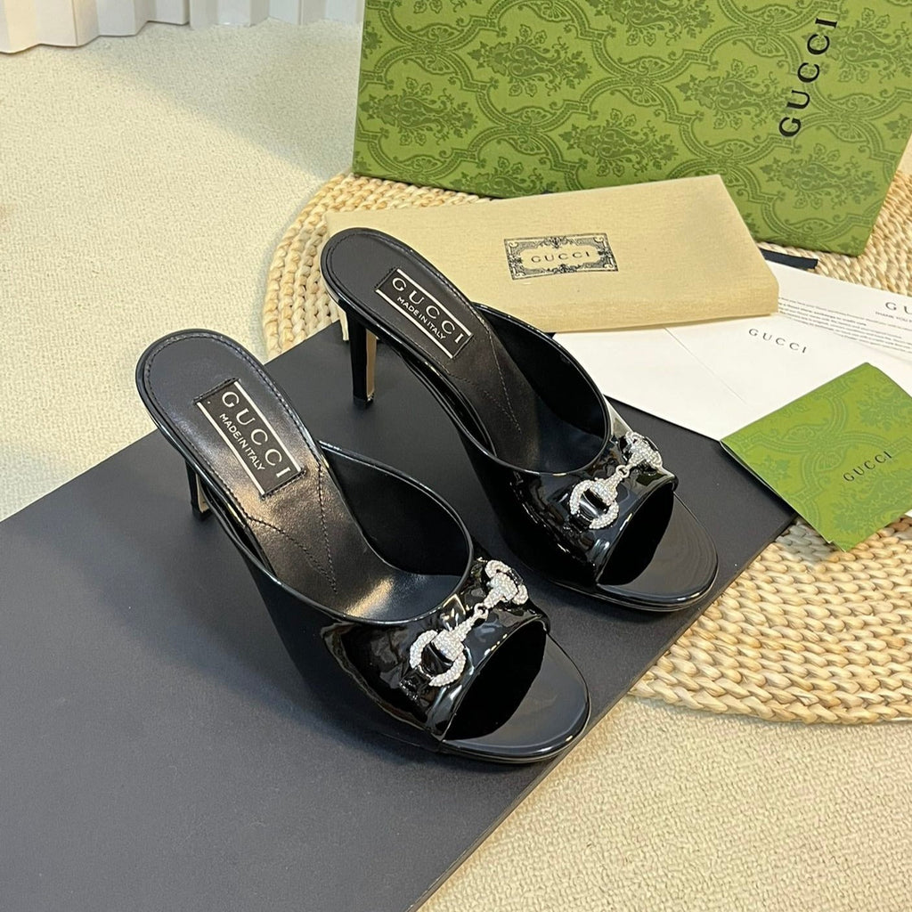 GUCCI Women's Horsebit mid-heel slide sandal in glossy black leather