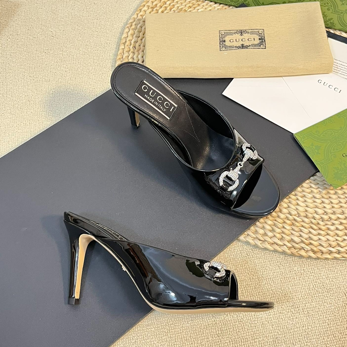 GUCCI Women's Horsebit mid-heel slide sandal in glossy black leather