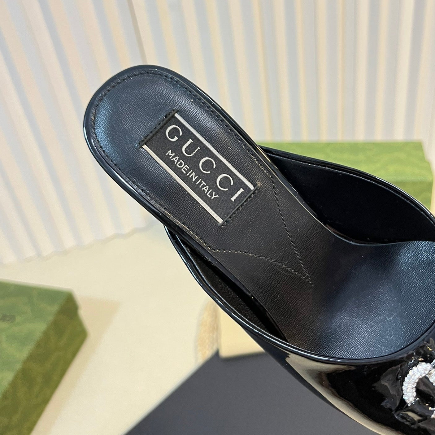 GUCCI Women's Horsebit mid-heel slide sandal in glossy black leather
