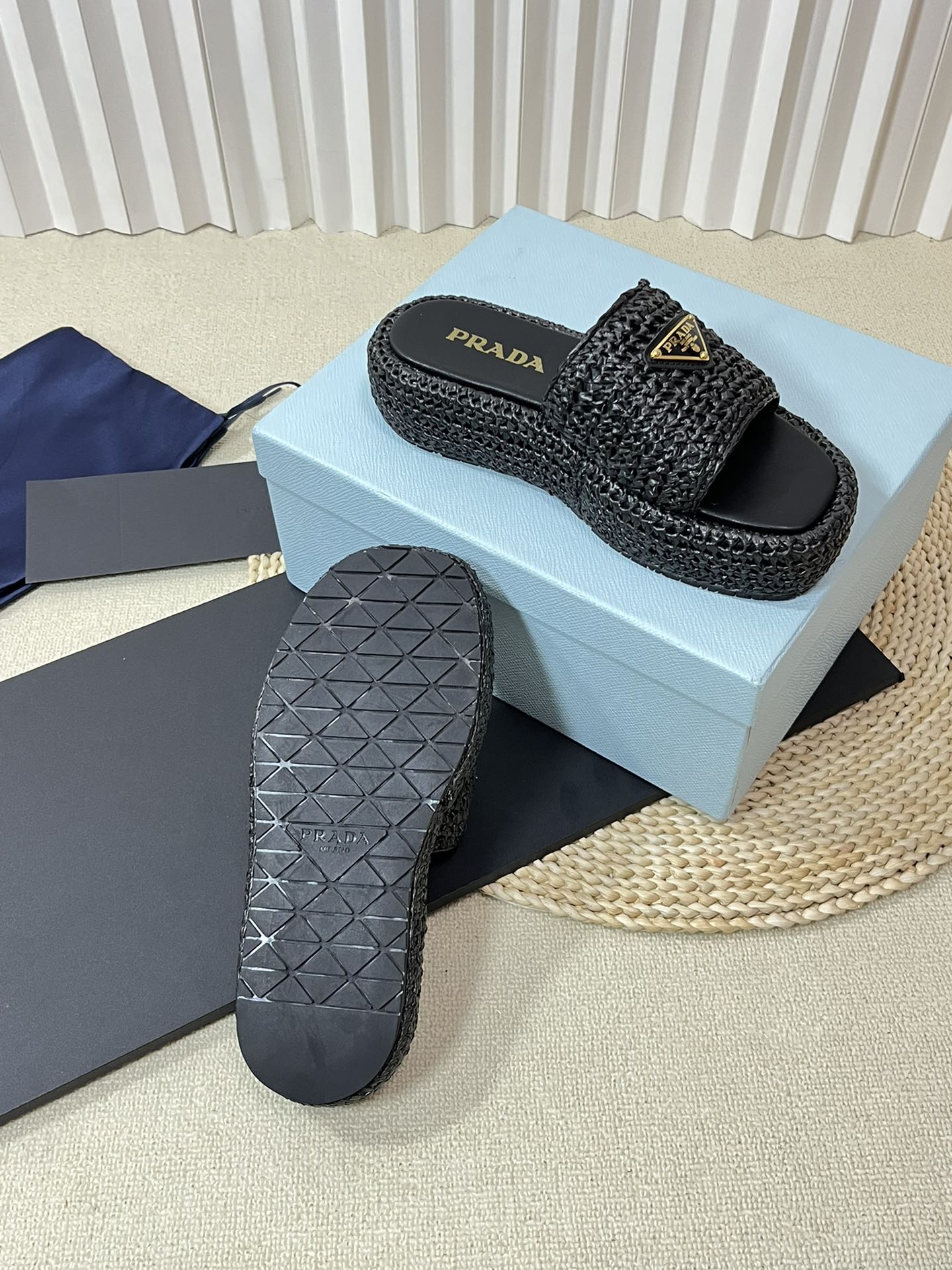 PRADA CROCHET FLATFORM SLIDES BLACK RAFFIA