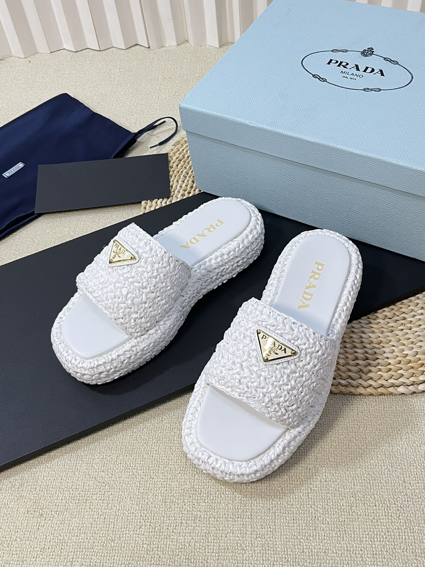 PRADA CROCHET FLATFORM SLIDES WHITE RAFFIA