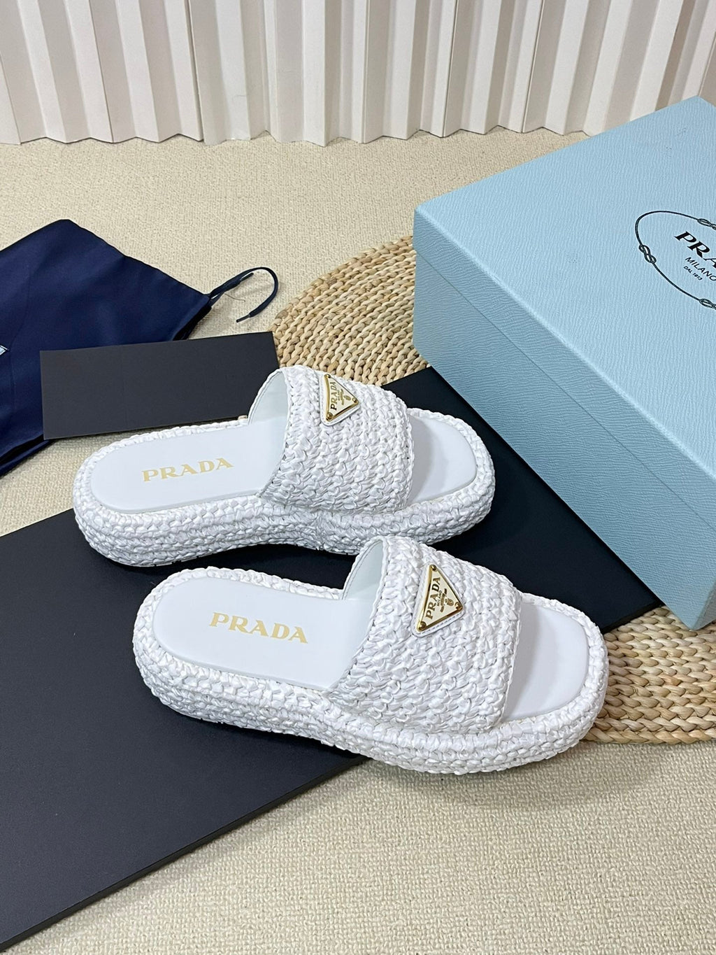 PRADA CROCHET FLATFORM SLIDES WHITE RAFFIA