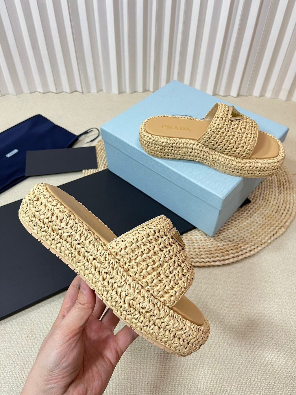PRADA WEDGE FLATFORM SLIDES BEIGE RAFFIA