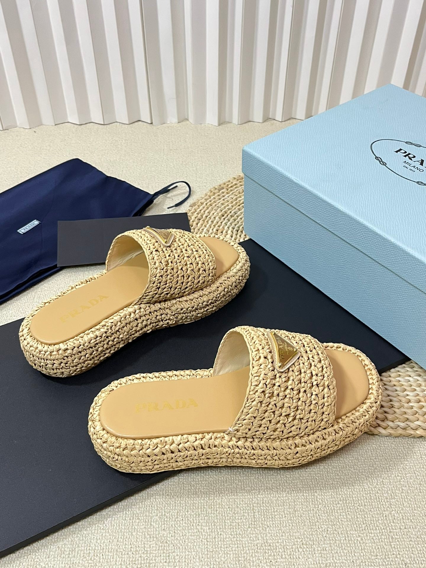 PRADA WEDGE FLATFORM SLIDES BEIGE RAFFIA
