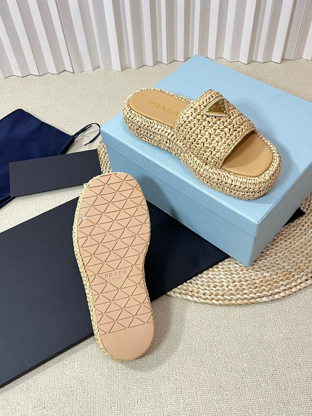 PRADA WEDGE FLATFORM SLIDES BEIGE RAFFIA
