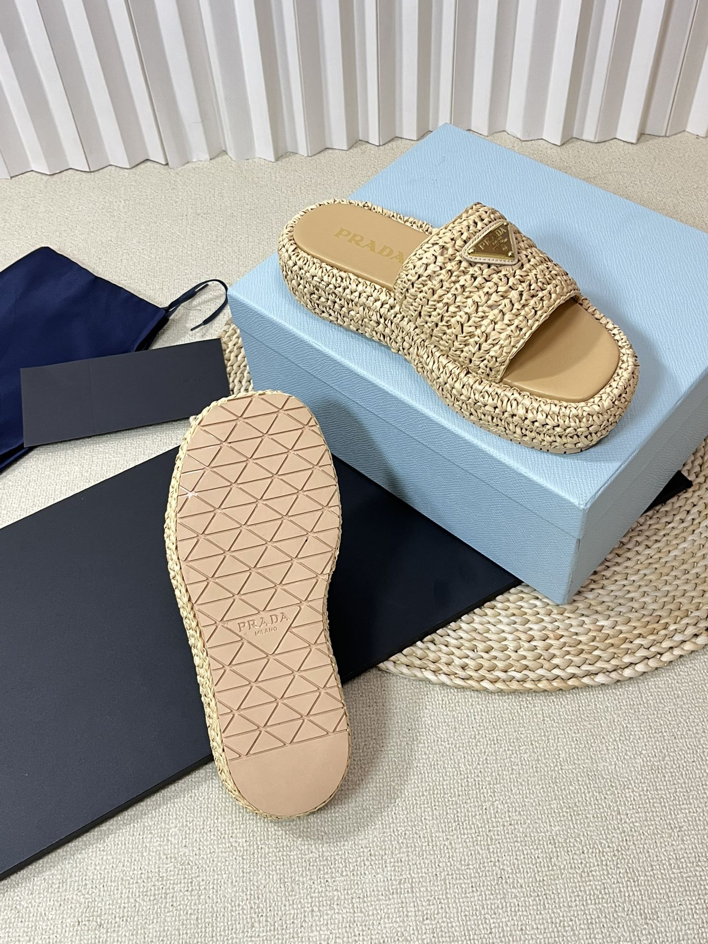 PRADA WEDGE FLATFORM SLIDES BEIGE RAFFIA