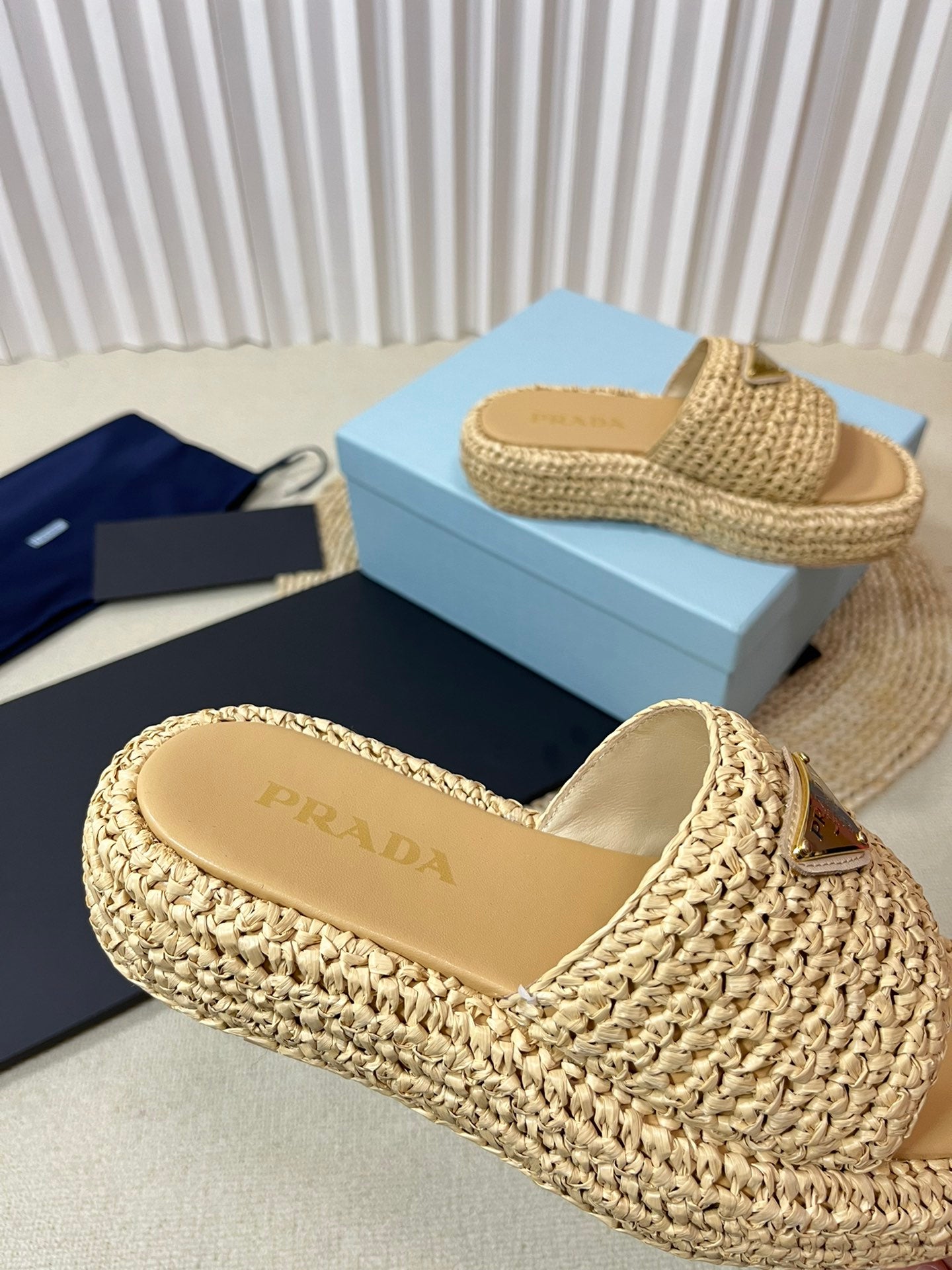 PRADA WEDGE FLATFORM SLIDES BEIGE RAFFIA
