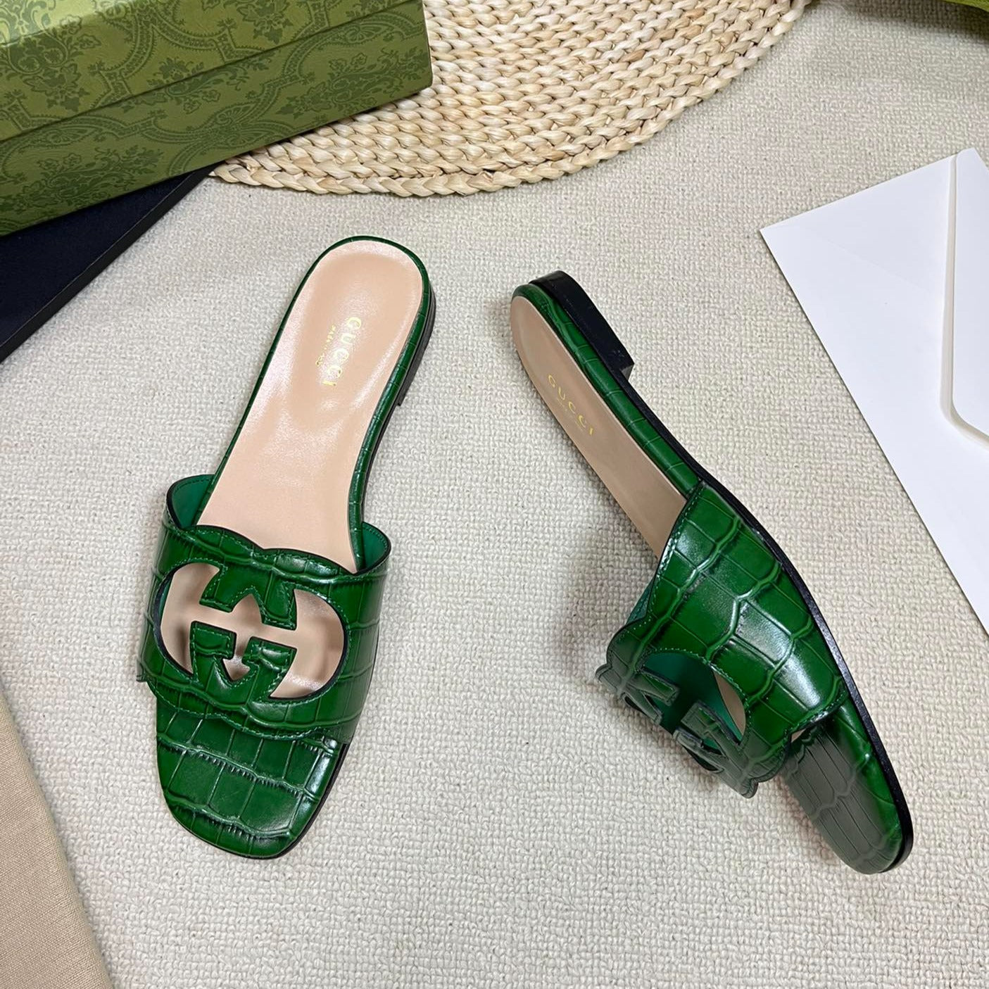 GUCCI Cut Out Slide Sandals Forest Green