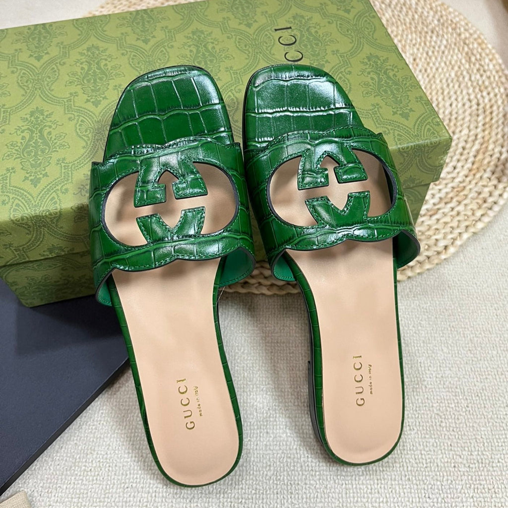 GUCCI Cut Out Slide Sandals Forest Green
