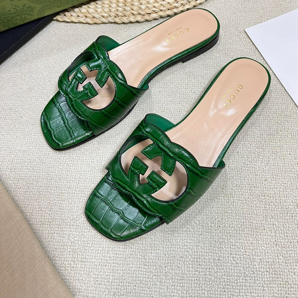 GUCCI Cut Out Slide Sandals Forest Green