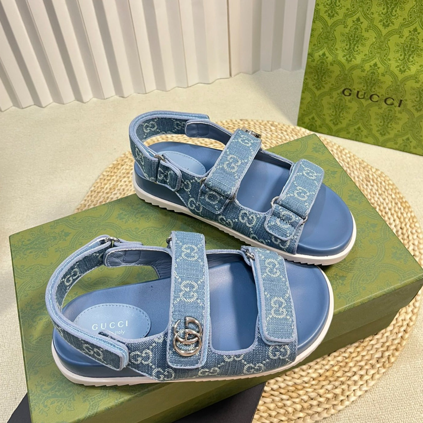 GUCCI Sandal With Double G Blue Caro