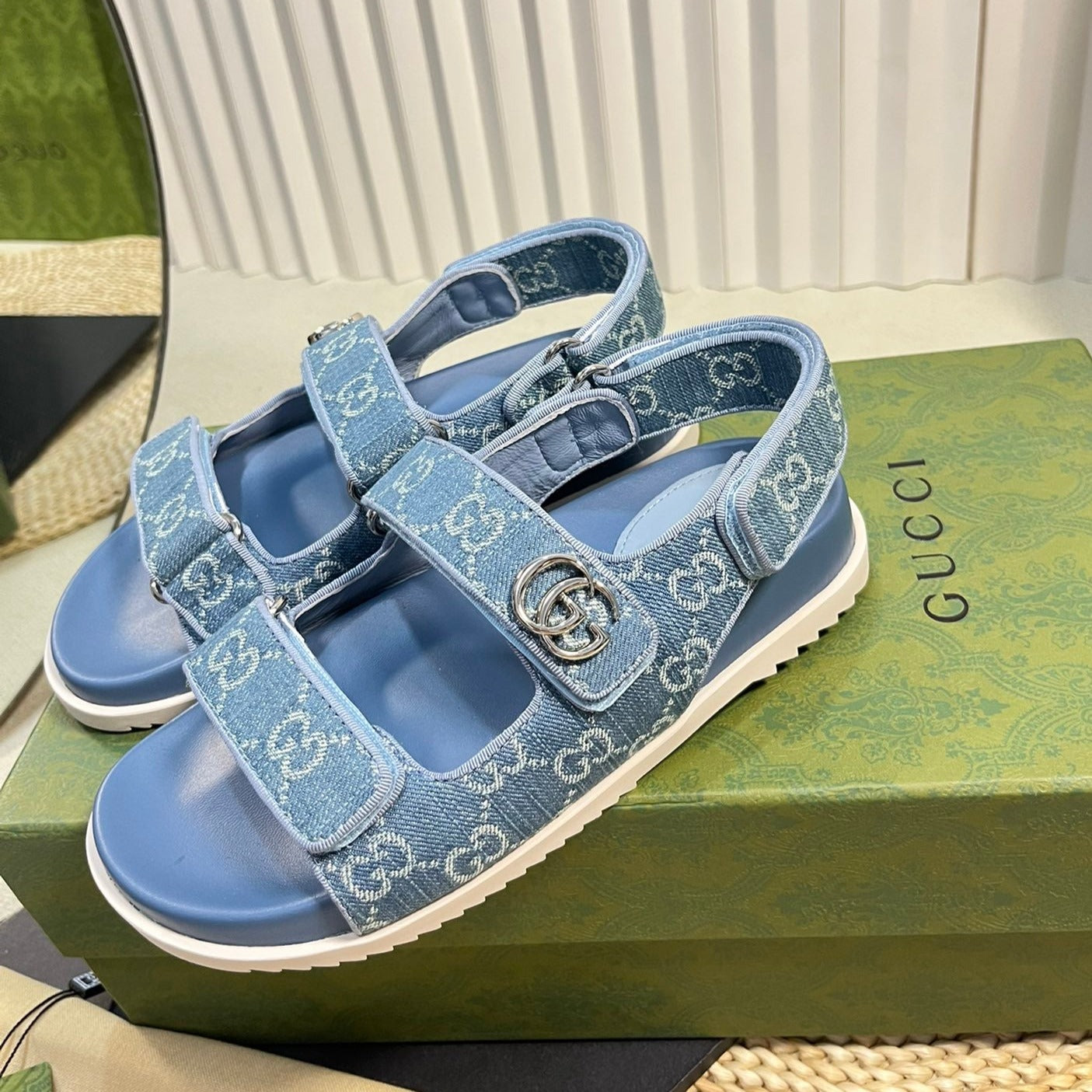 GUCCI Sandal With Double G Blue Caro