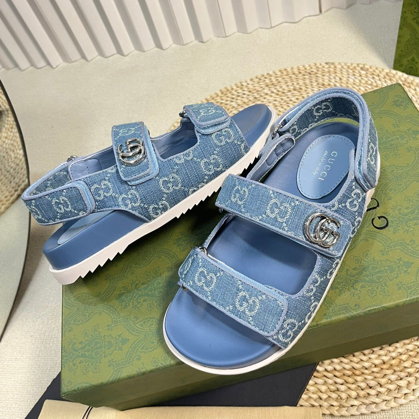 GUCCI Sandal With Double G Blue Caro