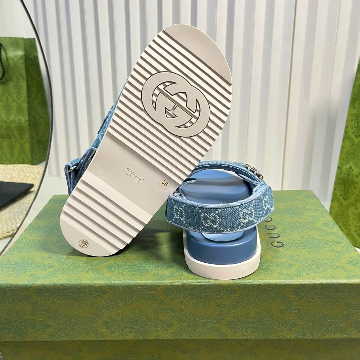 GUCCI Sandal With Double G Blue Caro