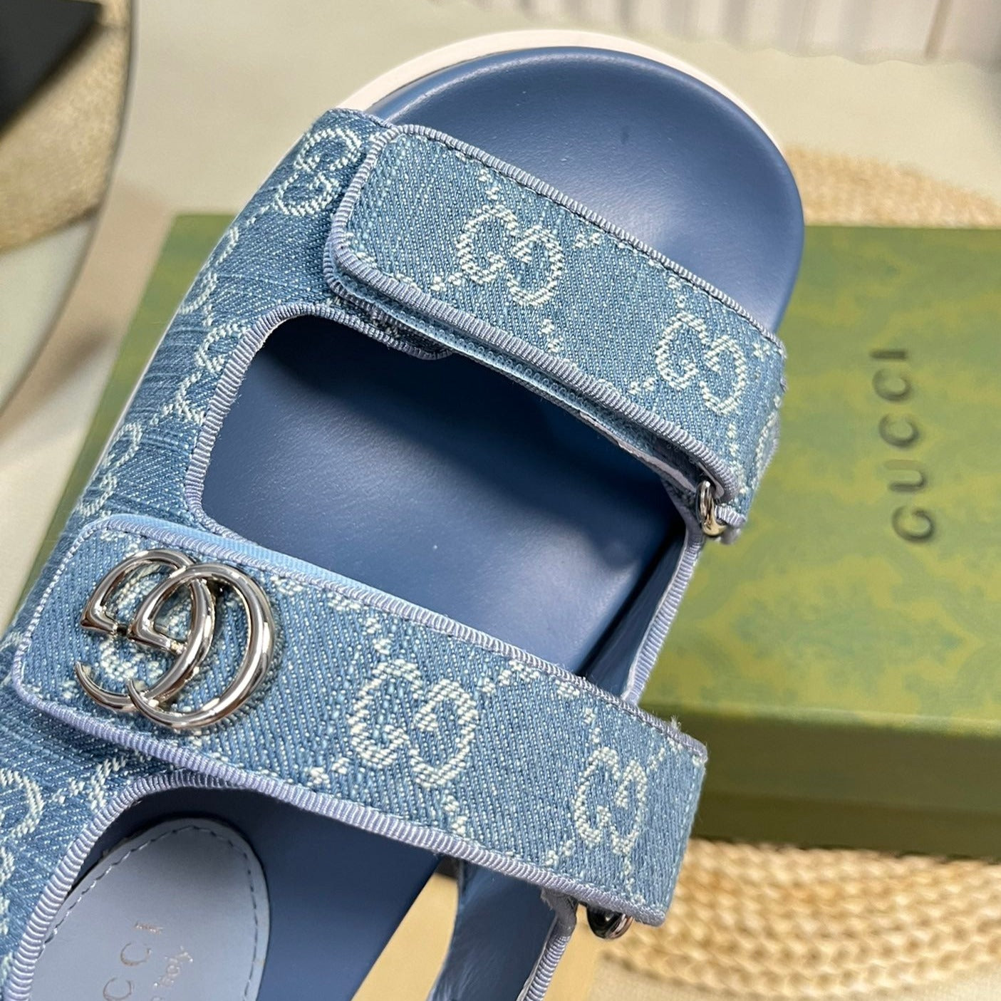 GUCCI Sandal With Double G Blue Caro