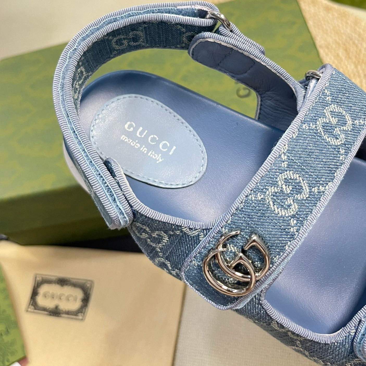 GUCCI Sandal With Double G Blue Caro