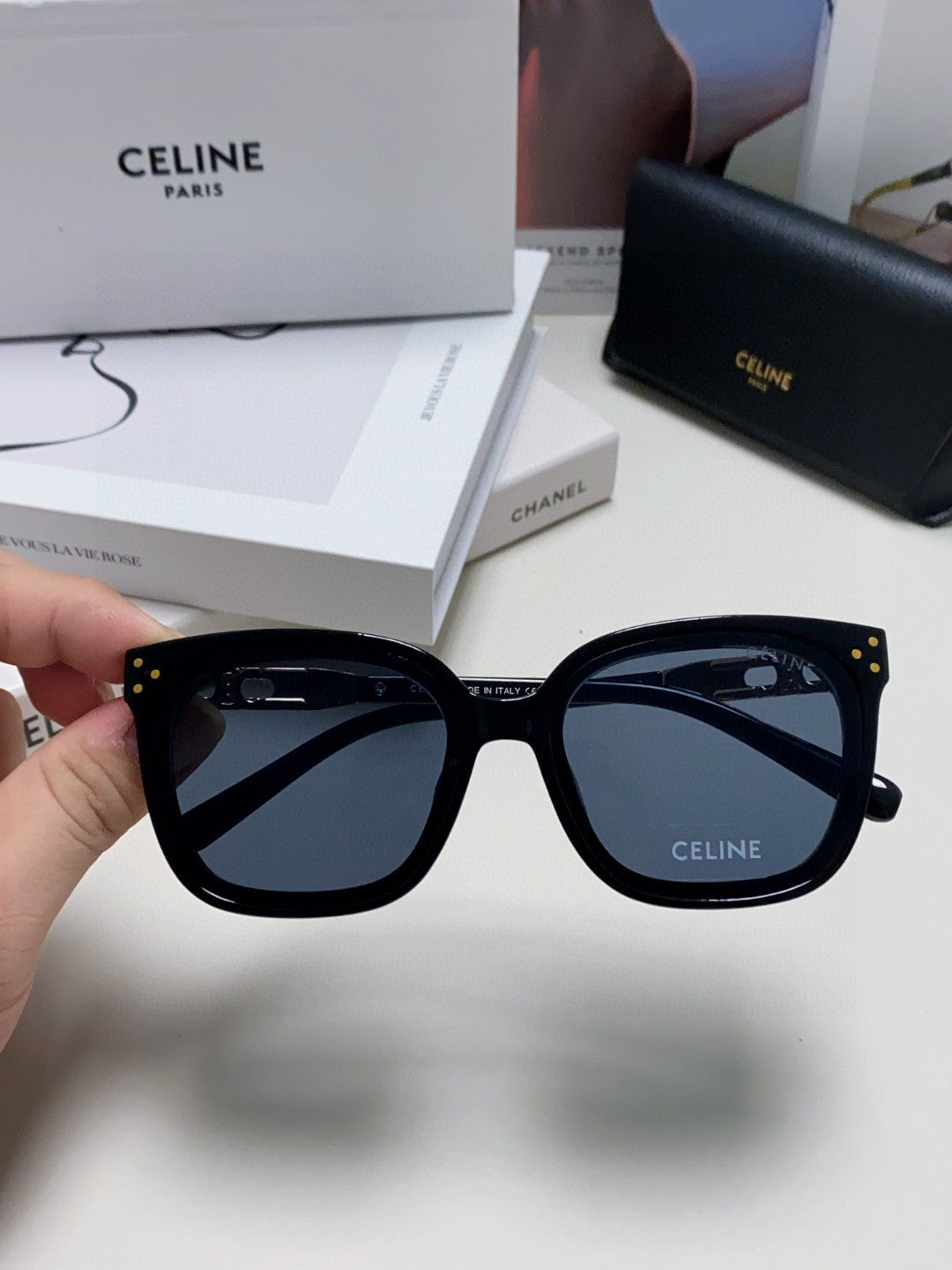 CELINE TRIOMPHE SUNGLASSES  573252 IN BLACK ACETATE METAL LOGO