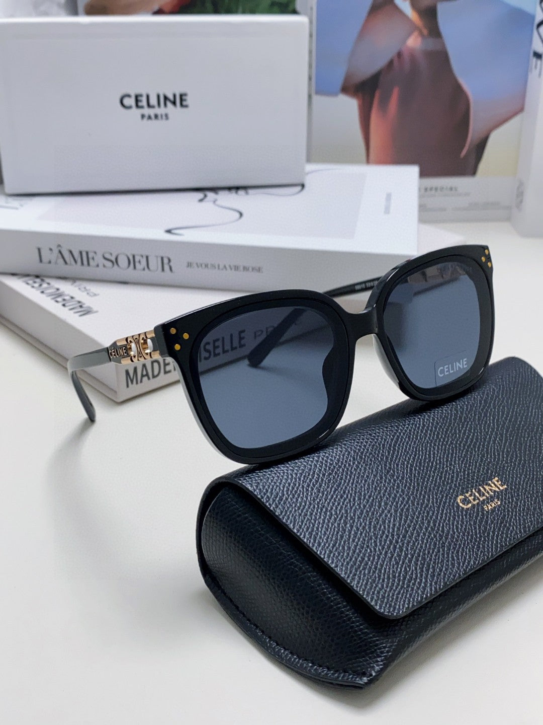 CELINE TRIOMPHE SUNGLASSES  573252 IN BLACK ACETATE METAL LOGO