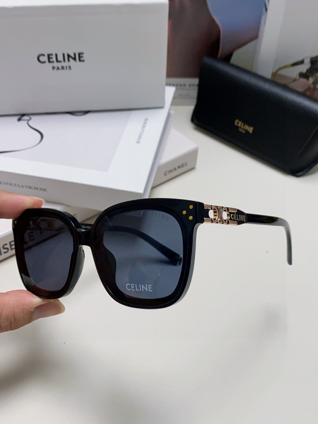 CELINE TRIOMPHE SUNGLASSES  573252 IN BLACK ACETATE METAL LOGO