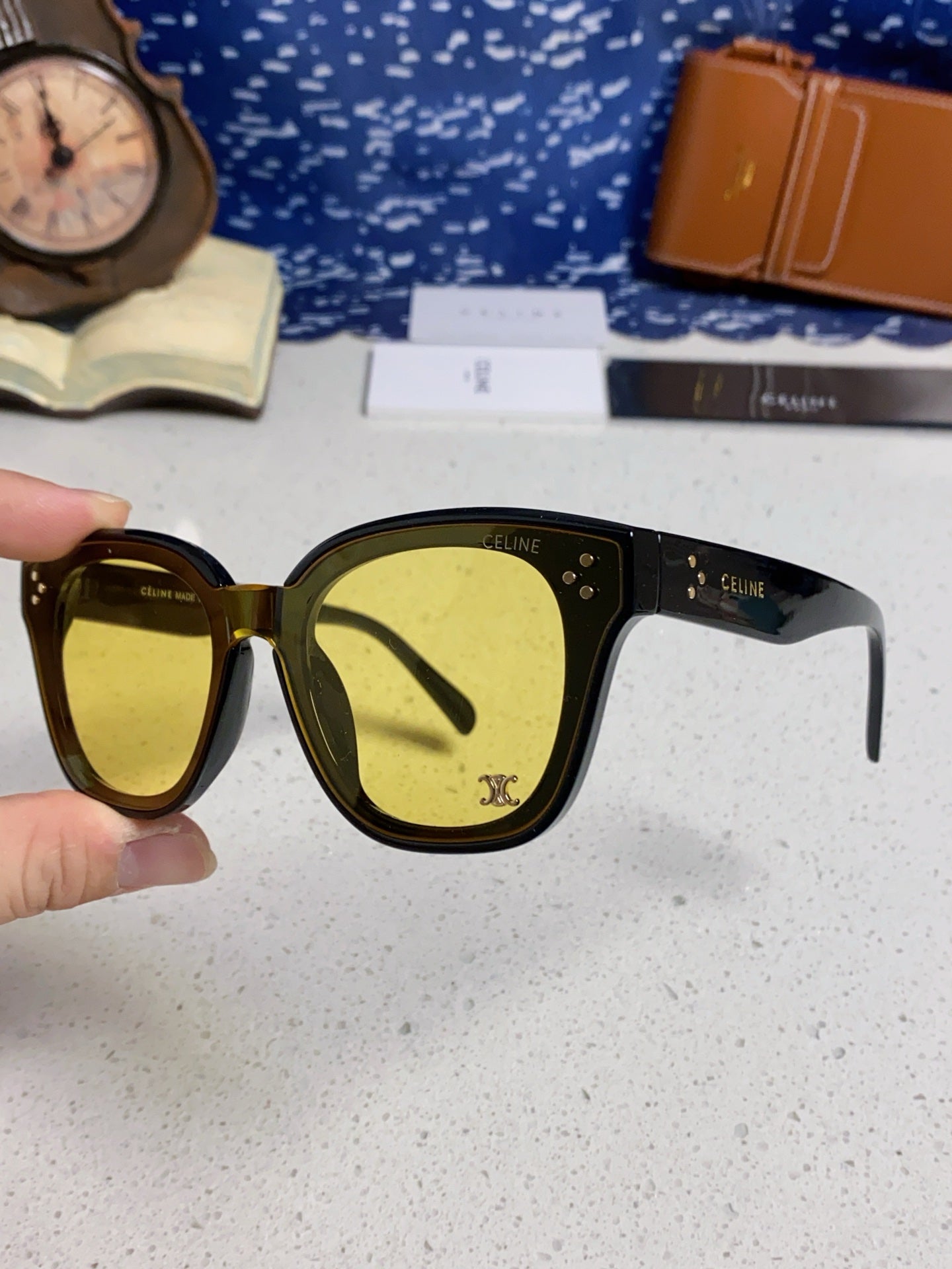 CELINE SQUARE SUNGLASS 575840 IN BLACK ACETATE GREEN LENSES